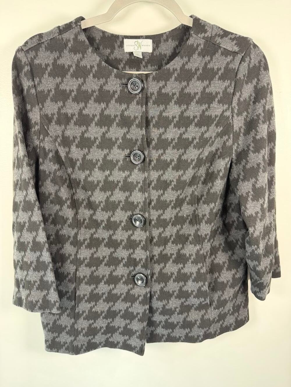 Studio Works Womens Houndstooth Knit Jacket M Black Gray Collarless 3/4 Sleeve